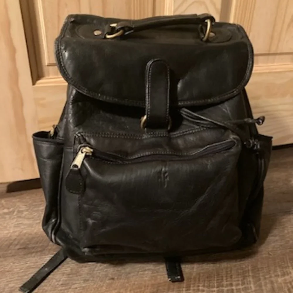 FRYE Black Leather Back Pack - Picture 1 of 12